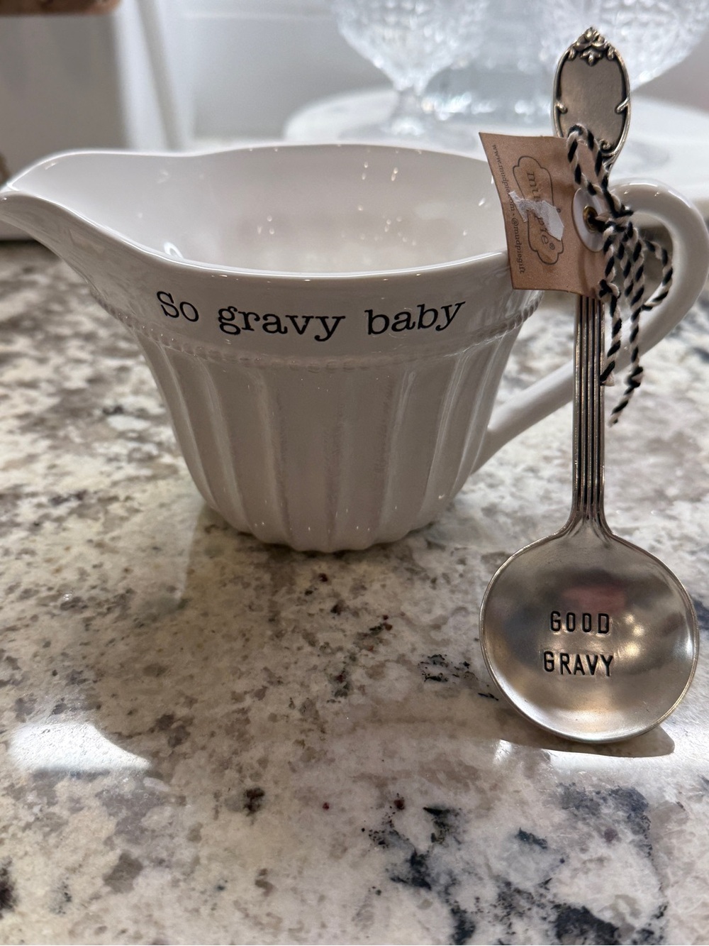 Mud Pie White Gravy Boat with Silver 'Good Gravy' Ladle